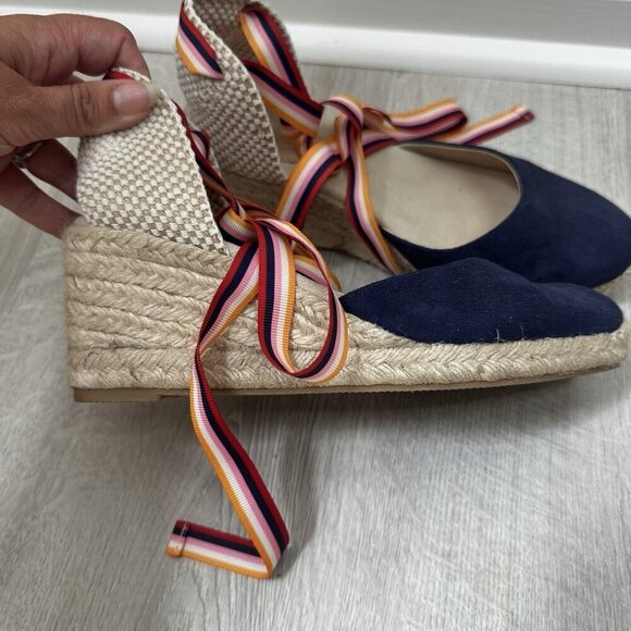 BODEN Cassie Navy Suede Wedge Espadrille Sandals Sz 38 Multistripe Ribbons Boho - Picture 5 of 10